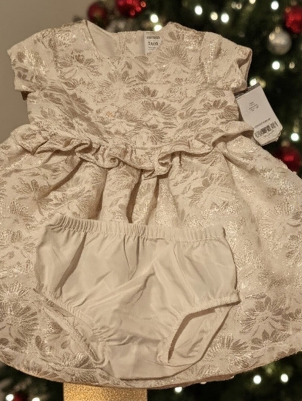 Carter's Cream Dress with Gold Floral Shine and Matching Bloomers